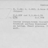 Index card with typed and handwritten information, sometimes including a sketch, of pottery from an excavation.