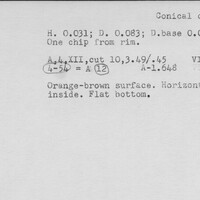 Index card with typed and handwritten information, sometimes including a sketch, of pottery from an excavation.