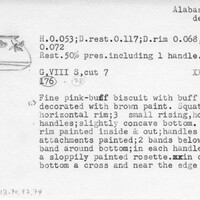 Index card with typed and handwritten information, sometimes including a sketch, of pottery from an excavation.