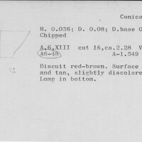 Index card with typed and handwritten information, sometimes including a sketch, of pottery from an excavation.