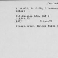 Index card with typed and handwritten information, sometimes including a sketch, of pottery from an excavation.