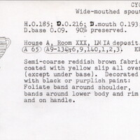 Index card with typed and handwritten information, sometimes including a sketch, of pottery from an excavation.