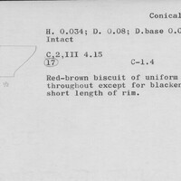 Index card with typed and handwritten information, sometimes including a sketch, of pottery from an excavation.