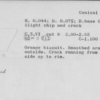 Index card with typed and handwritten information, sometimes including a sketch, of pottery from an excavation.