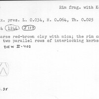 Index card with typed and handwritten information, sometimes including a sketch, of pottery from an excavation.