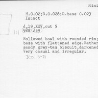 Index card with typed and handwritten information, sometimes including a sketch, of pottery from an excavation.