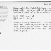 Index card with typed and handwritten information, sometimes including a sketch, of pottery from an excavation.