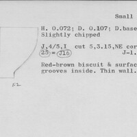 Index card with typed and handwritten information, sometimes including a sketch, of pottery from an excavation.