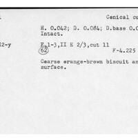 Index card with typed and handwritten information, sometimes including a sketch, of pottery from an excavation.