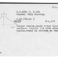Index card with typed and handwritten information, sometimes including a sketch, of pottery from an excavation.