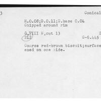 Index card with typed and handwritten information, sometimes including a sketch, of pottery from an excavation.