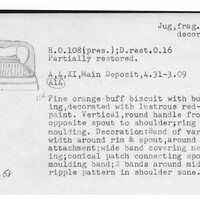 Index card with typed and handwritten information, sometimes including a sketch, of pottery from an excavation.
