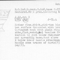 Index card with typed and handwritten information, sometimes including a sketch, of pottery from an excavation.