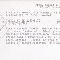 Index card with typed and handwritten information, sometimes including a sketch, of pottery from an excavation.