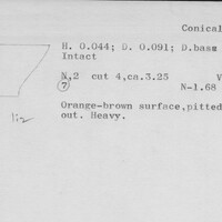Index card with typed and handwritten information, sometimes including a sketch, of pottery from an excavation.