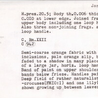 Index card with typed and handwritten information, sometimes including a sketch, of pottery from an excavation.