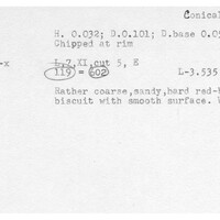 Index card with typed and handwritten information, sometimes including a sketch, of pottery from an excavation.