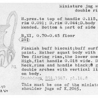Index card with typed and handwritten information, sometimes including a sketch, of pottery from an excavation.
