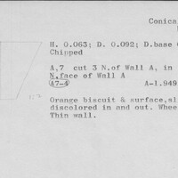 Index card with typed and handwritten information, sometimes including a sketch, of pottery from an excavation.