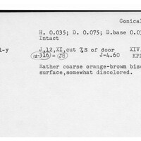 Index card with typed and handwritten information, sometimes including a sketch, of pottery from an excavation.