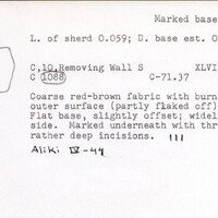 Index card with typed and handwritten information, sometimes including a sketch, of pottery from an excavation.