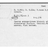 Index card with typed and handwritten information, sometimes including a sketch, of pottery from an excavation.