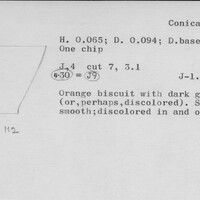Index card with typed and handwritten information, sometimes including a sketch, of pottery from an excavation.