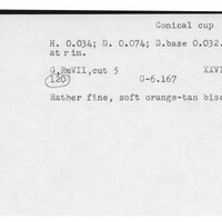 Index card with typed and handwritten information, sometimes including a sketch, of pottery from an excavation.