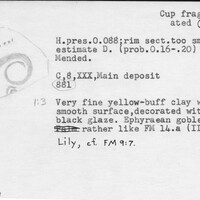 Index card with typed and handwritten information, sometimes including a sketch, of pottery from an excavation.