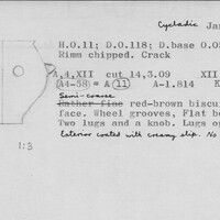 Index card with typed and handwritten information, sometimes including a sketch, of pottery from an excavation.