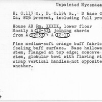 Index card with typed and handwritten information, sometimes including a sketch, of pottery from an excavation.