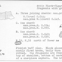 Index card with typed and handwritten information, sometimes including a sketch, of pottery from an excavation.