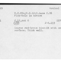 Index card with typed and handwritten information, sometimes including a sketch, of pottery from an excavation.