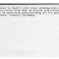 Index card with typed and handwritten information, sometimes including a sketch, of pottery from an excavation.