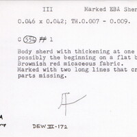 Index card with typed and handwritten information, sometimes including a sketch, of pottery from an excavation.