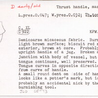 Index card with typed and handwritten information, sometimes including a sketch, of pottery from an excavation.