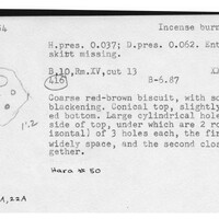 Index card with typed and handwritten information, sometimes including a sketch, of pottery from an excavation.