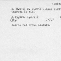 Index card with typed and handwritten information, sometimes including a sketch, of pottery from an excavation.