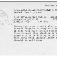 Index card with typed and handwritten information, sometimes including a sketch, of pottery from an excavation.