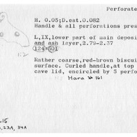 Index card with typed and handwritten information, sometimes including a sketch, of pottery from an excavation.