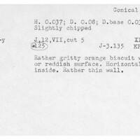 Index card with typed and handwritten information, sometimes including a sketch, of pottery from an excavation.
