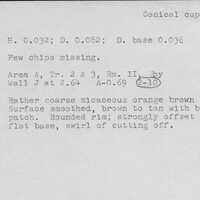 Index card with typed and handwritten information, sometimes including a sketch, of pottery from an excavation.