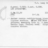 Index card with typed and handwritten information, sometimes including a sketch, of pottery from an excavation.