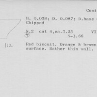 Index card with typed and handwritten information, sometimes including a sketch, of pottery from an excavation.