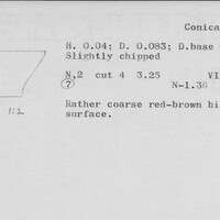 Index card with typed and handwritten information, sometimes including a sketch, of pottery from an excavation.