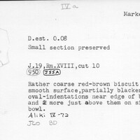 Index card with typed and handwritten information, sometimes including a sketch, of pottery from an excavation.