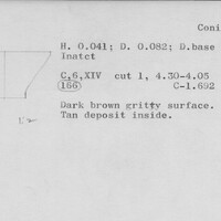 Index card with typed and handwritten information, sometimes including a sketch, of pottery from an excavation.