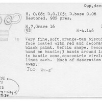 Index card with typed and handwritten information, sometimes including a sketch, of pottery from an excavation.