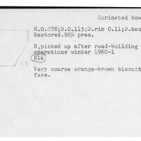 Index card with typed and handwritten information, sometimes including a sketch, of pottery from an excavation.