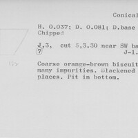 Index card with typed and handwritten information, sometimes including a sketch, of pottery from an excavation.